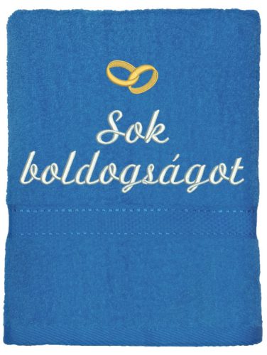 Acélkék hímzett „Sok boldogságot” feliratú törölköző arany gyűrűkkel, esküvői ajándék