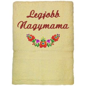   "Legjobb nagymama" felirattal + matyó mintával hímzett törölköző, krém