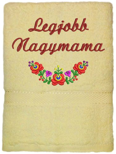 Krém hímzett „Legjobb nagymama” feliratú törölköző matyó mintával, nagymama ajándék
