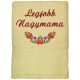 Krém hímzett „Legjobb nagymama” feliratú törölköző matyó mintával, nagymama ajándék