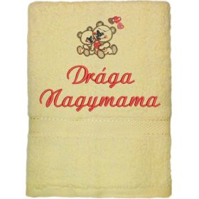   "Drága Nagymama" felirattal + ölelő macival hímzett törölköző, krém