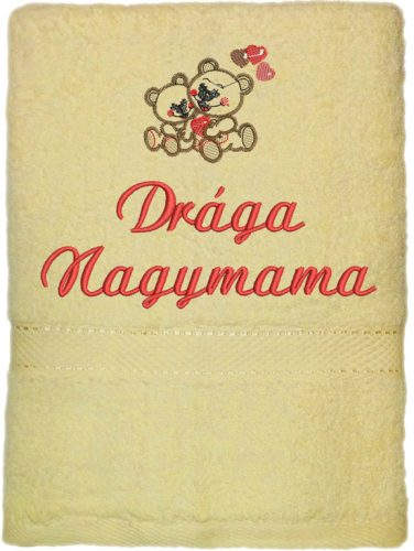 Krém hímzett „Drága Nagymama” feliratú törölköző ölelő maci mintával, ajándék nagymamának