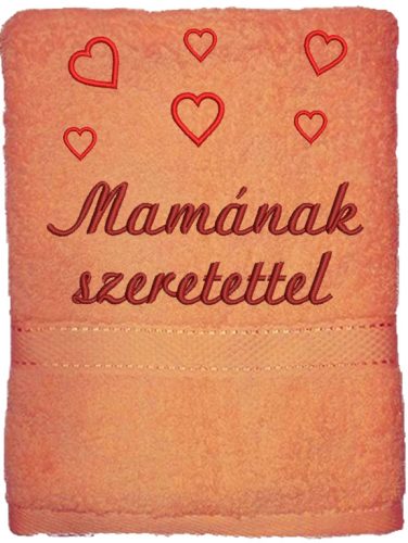 Barack színű hímzett „Mamának szeretettel” feliratú törölköző szívekkel, nagymama ajándék