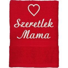   "Szeretlek Mama" felirattal + szívvel hímzett törölköző, piros