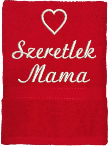 Piros hímzett „Szeretlek Mama” feliratú törölköző szív mintával, ajándék anyukának