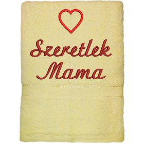   "Szeretlek Mama" felirattal + szívvel hímzett törölköző, krém