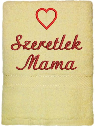 Krém hímzett „Szeretlek Mama” feliratú törölköző szív mintával, szeretetteljes ajándék