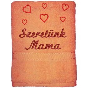   "Szeretünk Mama" felirattal + szívekkel hímzett törölköző, barack