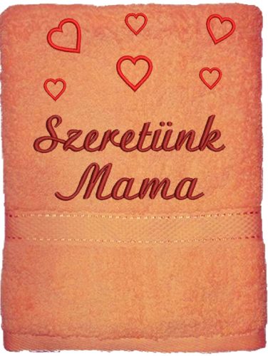 Barack színű hímzett „Szeretünk Mama” feliratú törölköző szívekkel, nagymama ajándék