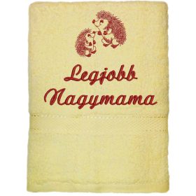   "Legjobb nagymama" felirattal + sünikkel hímzett törölköző, krém