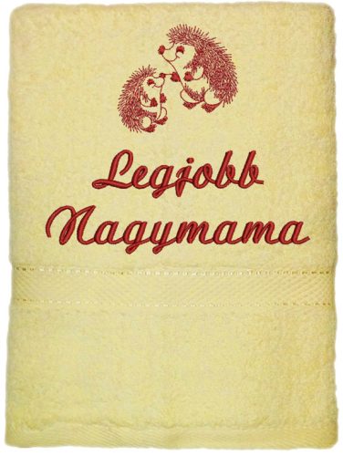 Krém hímzett „Legjobb nagymama” feliratú törölköző sünikkel, kedves ajándék nagymamának