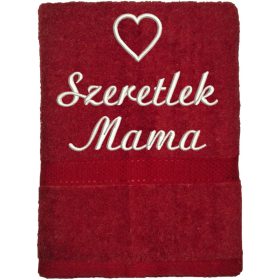   "Szeretlek Mama" felirattal + szívvel hímzett törölköző, bordó