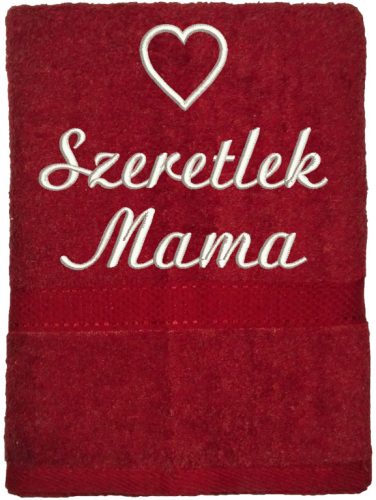 Bordó hímzett „Szeretlek Mama” feliratú törölköző szív mintával, ajándék anyukának