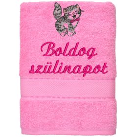   Hímzett törölköző "Boldog szülinapot" felirattal + cica,  rózsaszín
