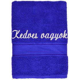 Királykék feliratos hímzett törölköző