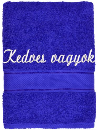 Királykék feliratos hímzett törölköző