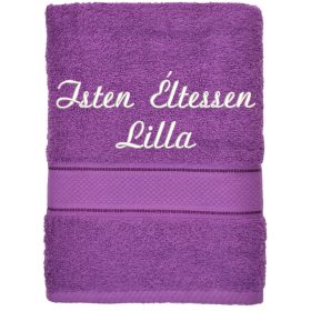 Sötétlila hímzett törölköző egyedi felirattal