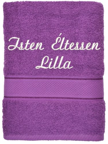 Sötétlila hímzett törölköző egyedi felirattal