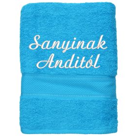 Türkizkék feliratos hímzett törölköző