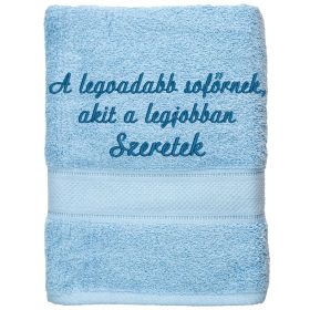 Világoskék hímzett törölköző egyedi felirattal