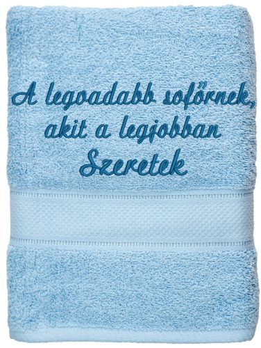 Világoskék hímzett törölköző egyedi felirattal
