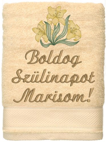 Egyedi felirattal és mintával hímzett törölköző letisztult, elegáns ajándék - bézs