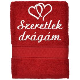   Hímzett törölköző 2-3 szavas felirattal + mintával, BORDÓ
