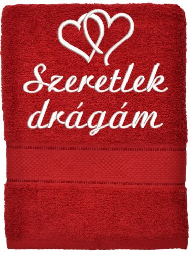 Hímzett törölköző 2-3 szavas felirattal + mintával, BORDÓ
