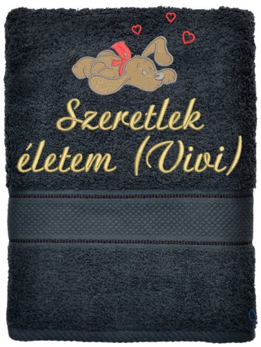 Egyedi felirattal és mintával hímzett törölköző elegáns ajándék - fekete