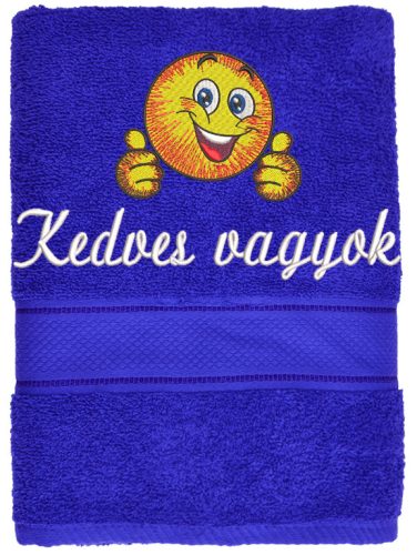 Egyedi felirattal és mintával hímzett törölköző klasszikus, elegáns színben - királykék