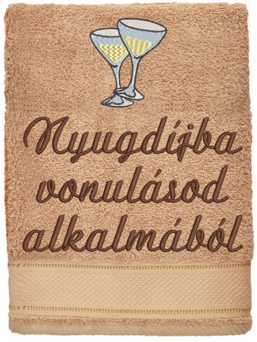 Egyedi felirattal és mintával hímzett törölköző természetes, visszafogott ajándék - mogyoró