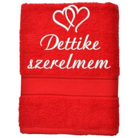   Hímzett törölköző 2-3 szavas felirattal + mintával, PIROS