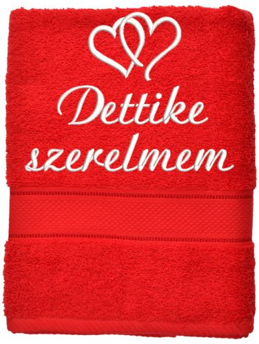 Egyedi felirattal és mintával hímzett törölköző feltűnő, klasszikus színben - piros
