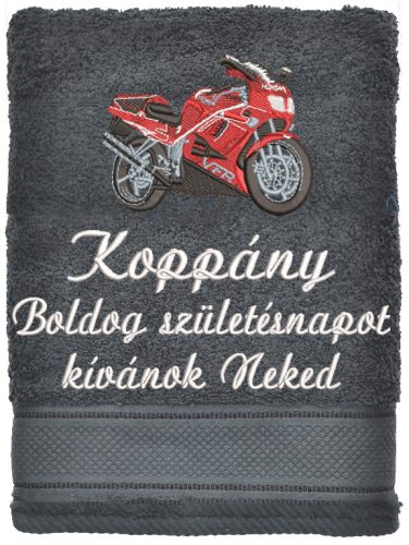 Egyedi felirattal és mintával hímzett törölköző modern, letisztult ajándék - sötétgrafit