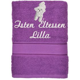   Hímzett törölköző 2-3 szavas felirattal + mintával, SÖTÉTLILA