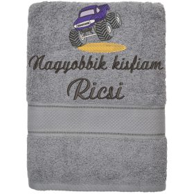   Hímzett törölköző 2-3 szavas felirattal + mintával, SZÜRKE