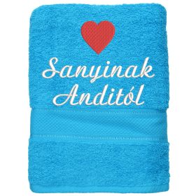   Hímzett törölköző 2-3 szavas felirattal + mintával, TÜRKIZKÉK
