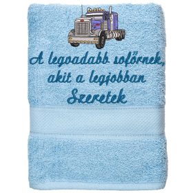   Hímzett törölköző 2-3 szavas felirattal + mintával, VILÁGOSKÉK