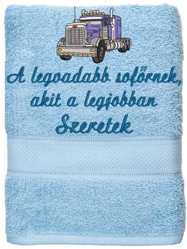 Egyedi felirattal és mintával hímzett törölköző ajándék - világoskék