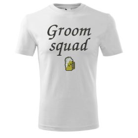 "Groom squad" felirattal hímzett póló, fehér feketével, S, legénybúcsú póló, esküvői ajándékötlet