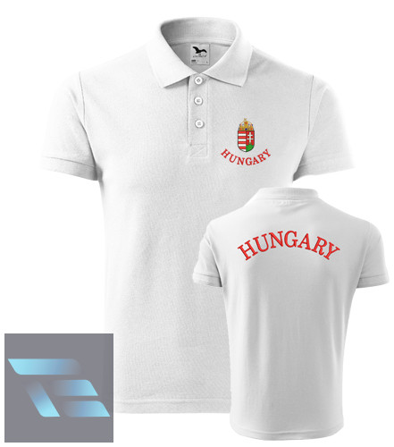 Hímzett, férfi galléros póló címer + Hungary felirattal, fehér M