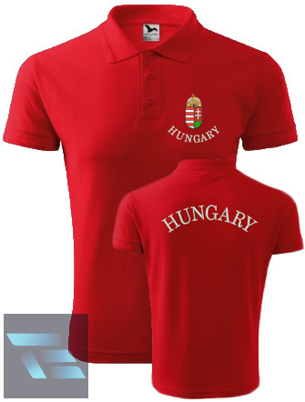 Hímzett férfi galléros póló címer és Hungary felirattal, piros, L, magyar szurkolói póló, ajándékötlet