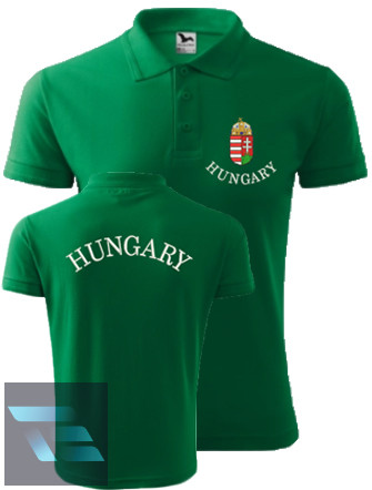 Hímzett, férfi galléros póló címer + Hungary felirattal, zöld M