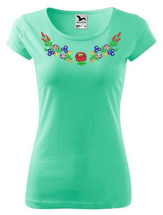 Hímzett, kalocsai mintás női, környakú menta zöld póló XL