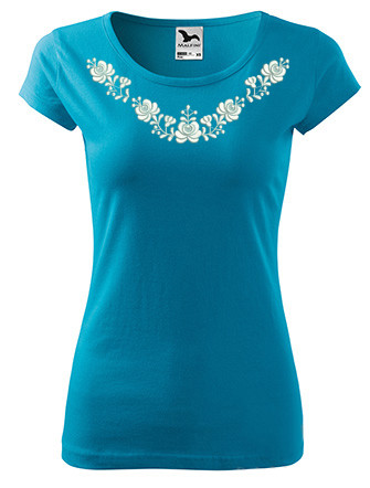 Matyó mintás női, környakú türkizkék póló XL