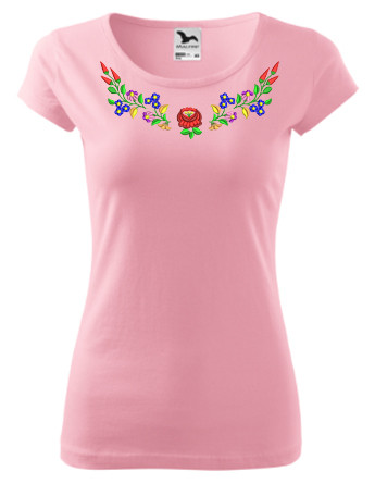 Hímzett, kalocsai mintás női, környakú, rózsaszín póló XL
