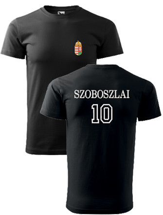 Címer + SZOBOSZLAI fekete, hímzett FÉRFI póló XL