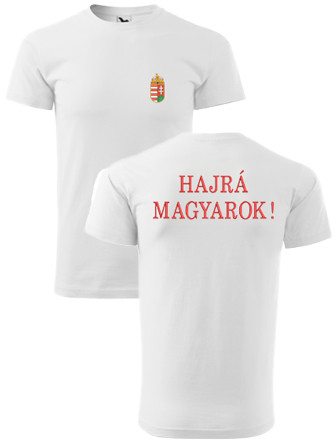 Címer + HAJRÁ MAGYAROK fehér, hímzett FÉRFI póló 2XL