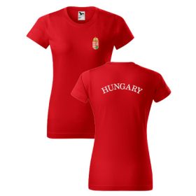 Címer + HUNGARY piros, hímzett NŐI póló XS