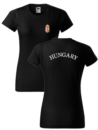 Címer + HUNGARY fekete, hímzett NŐI póló XL